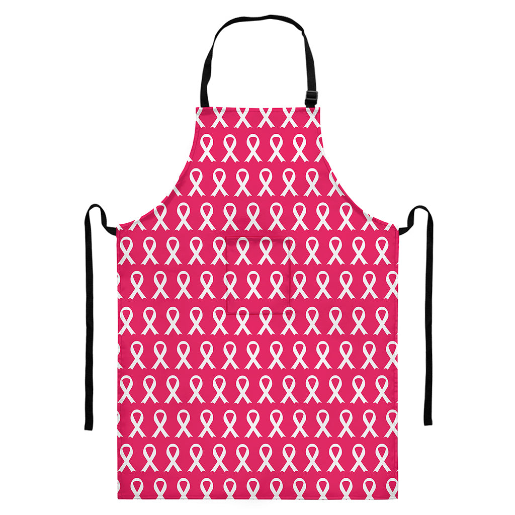 White And Pink Breast Cancer Print Bib Apron With Pocket