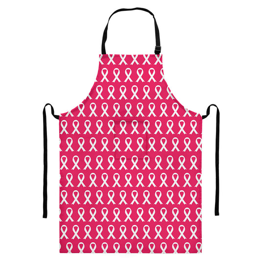 White And Pink Breast Cancer Print Bib Apron With Pocket