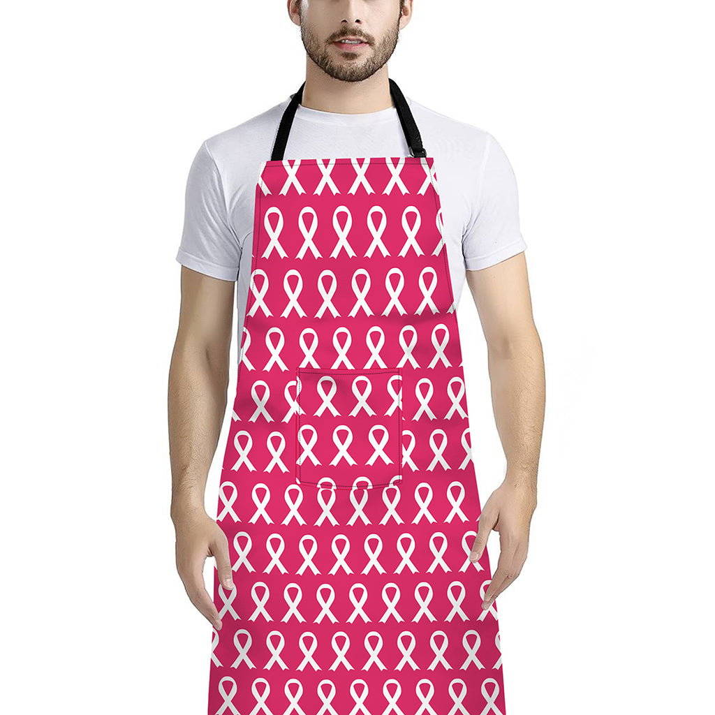 White And Pink Breast Cancer Print Bib Apron With Pocket