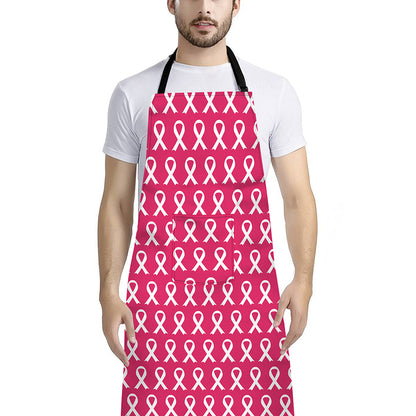 White And Pink Breast Cancer Print Bib Apron With Pocket