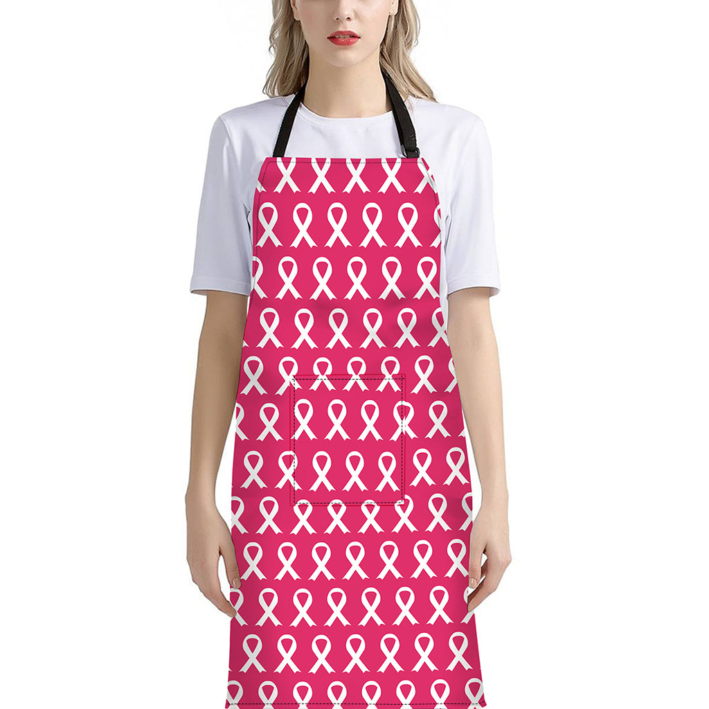 White And Pink Breast Cancer Print Bib Apron With Pocket