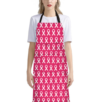 White And Pink Breast Cancer Print Bib Apron With Pocket