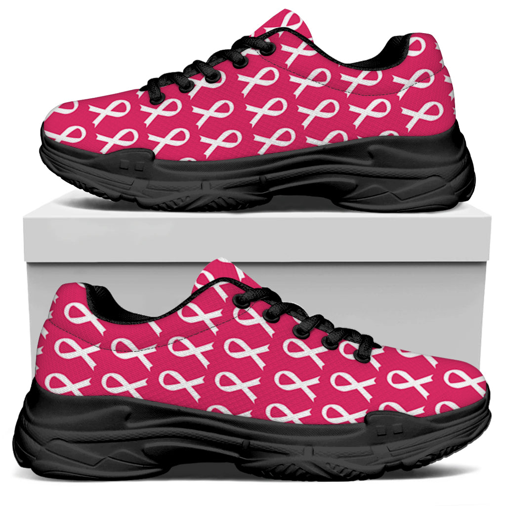 White And Pink Breast Cancer Print Black Chunky Shoes