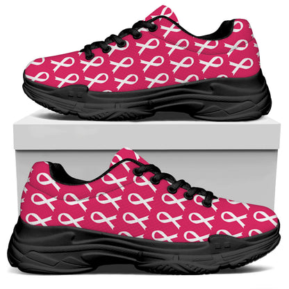White And Pink Breast Cancer Print Black Chunky Shoes