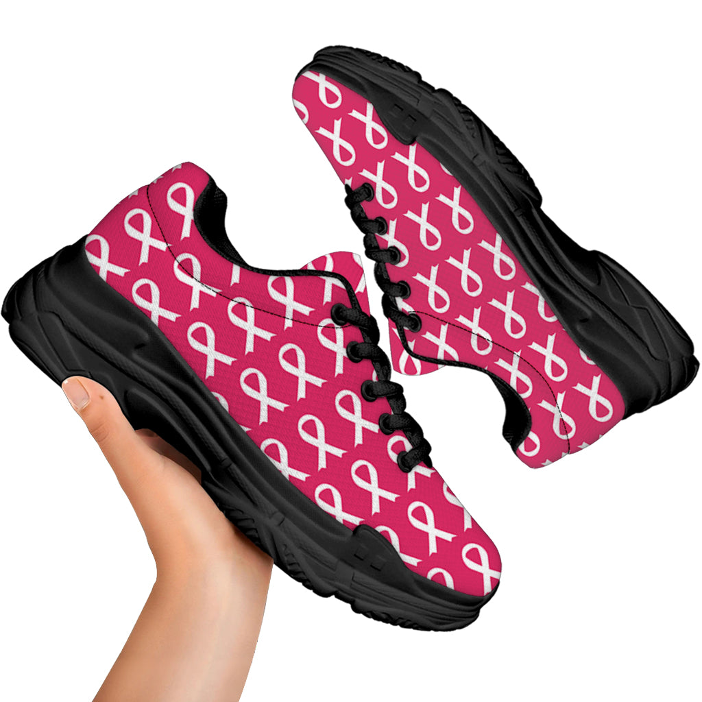 White And Pink Breast Cancer Print Black Chunky Shoes