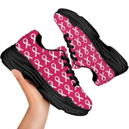 White And Pink Breast Cancer Print Black Chunky Shoes