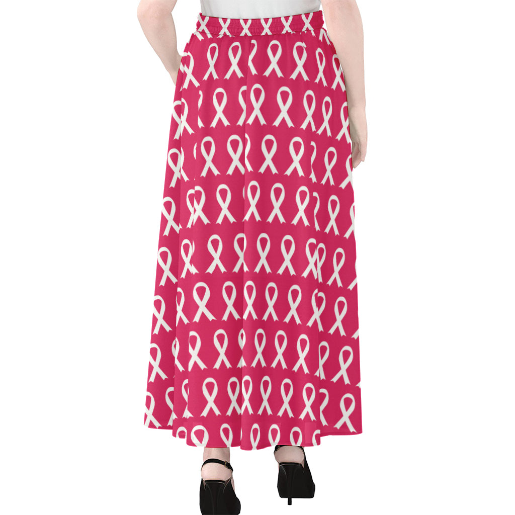 White And Pink Breast Cancer Print Chiffon Maxi Skirt