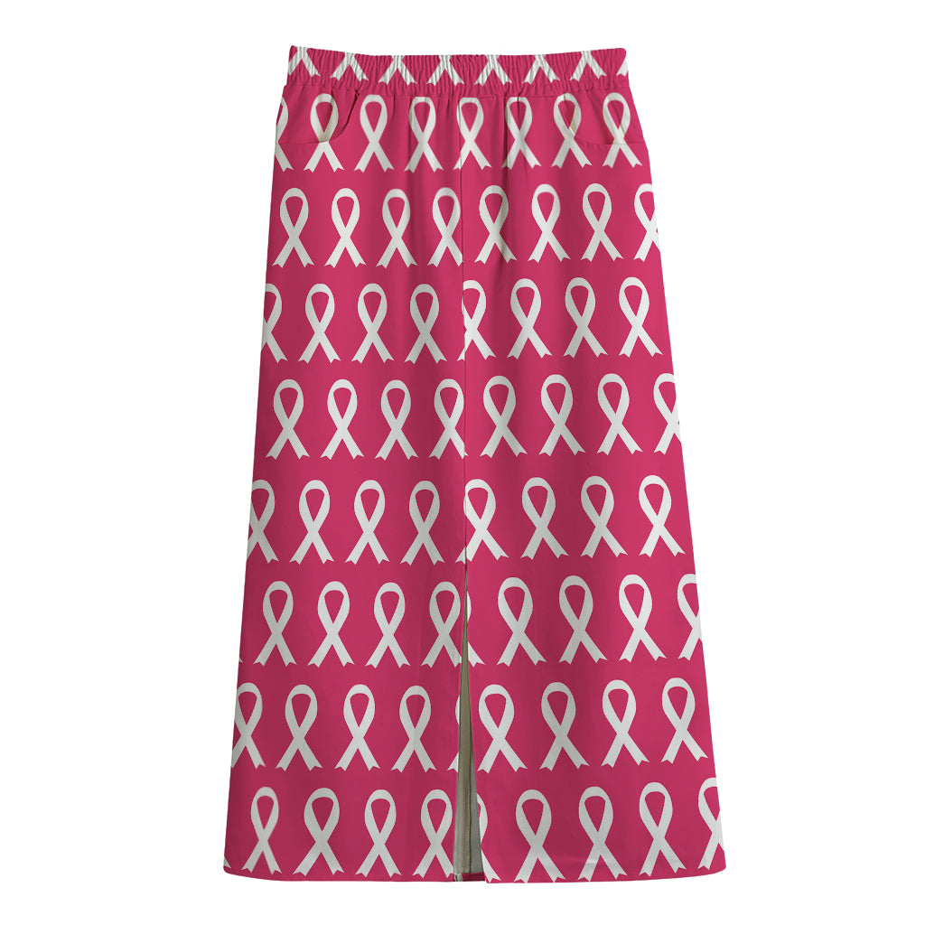 White And Pink Breast Cancer Print Cotton Front Slit Maxi Skirt