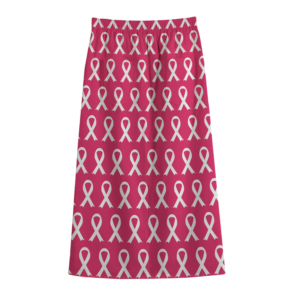 White And Pink Breast Cancer Print Cotton Front Slit Maxi Skirt