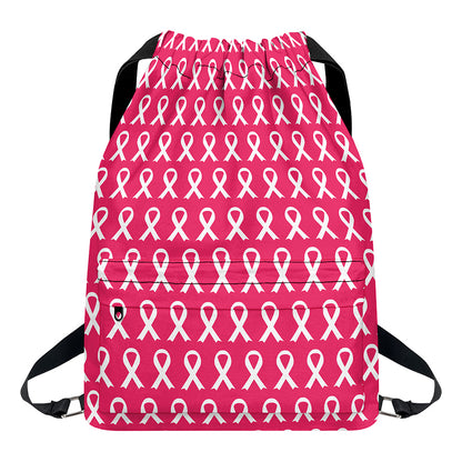 White And Pink Breast Cancer Print Drawstring Backpack