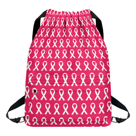 White And Pink Breast Cancer Print Drawstring Backpack