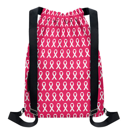 White And Pink Breast Cancer Print Drawstring Backpack