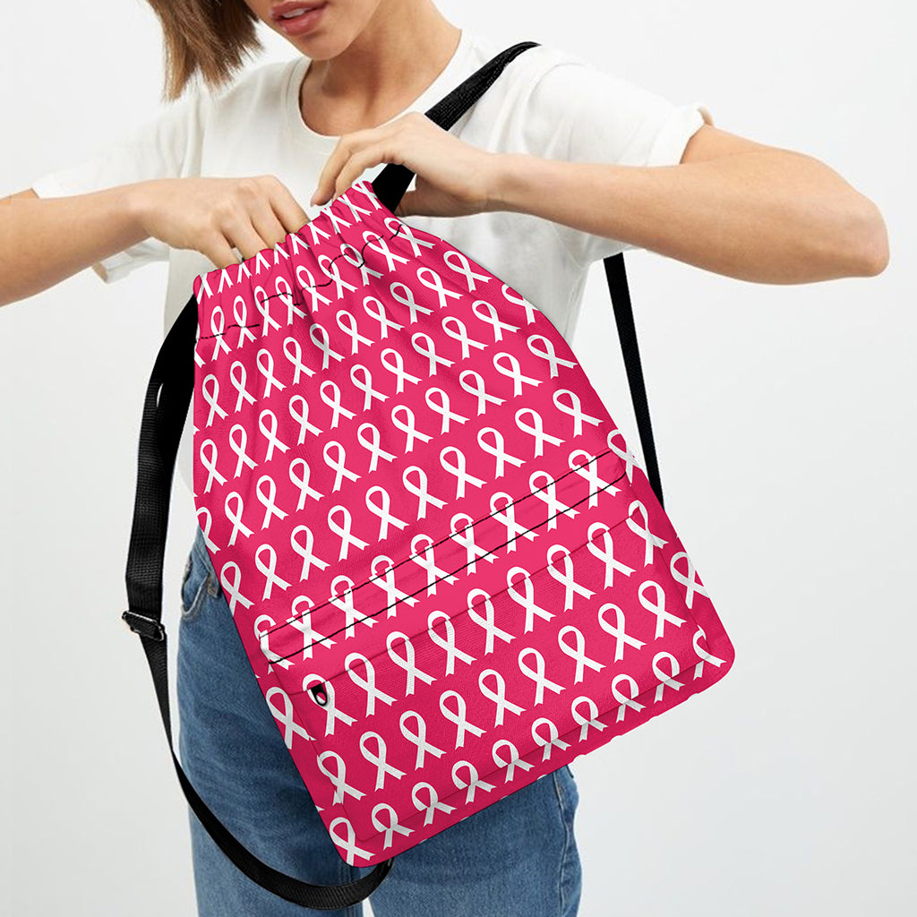 White And Pink Breast Cancer Print Drawstring Backpack