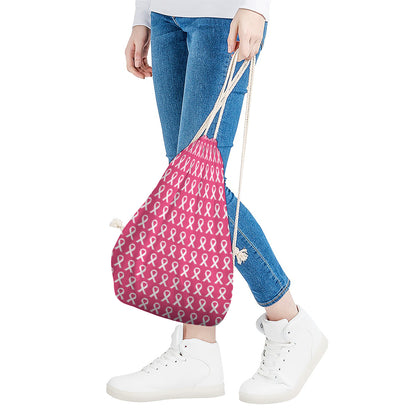 White And Pink Breast Cancer Print Drawstring Bag