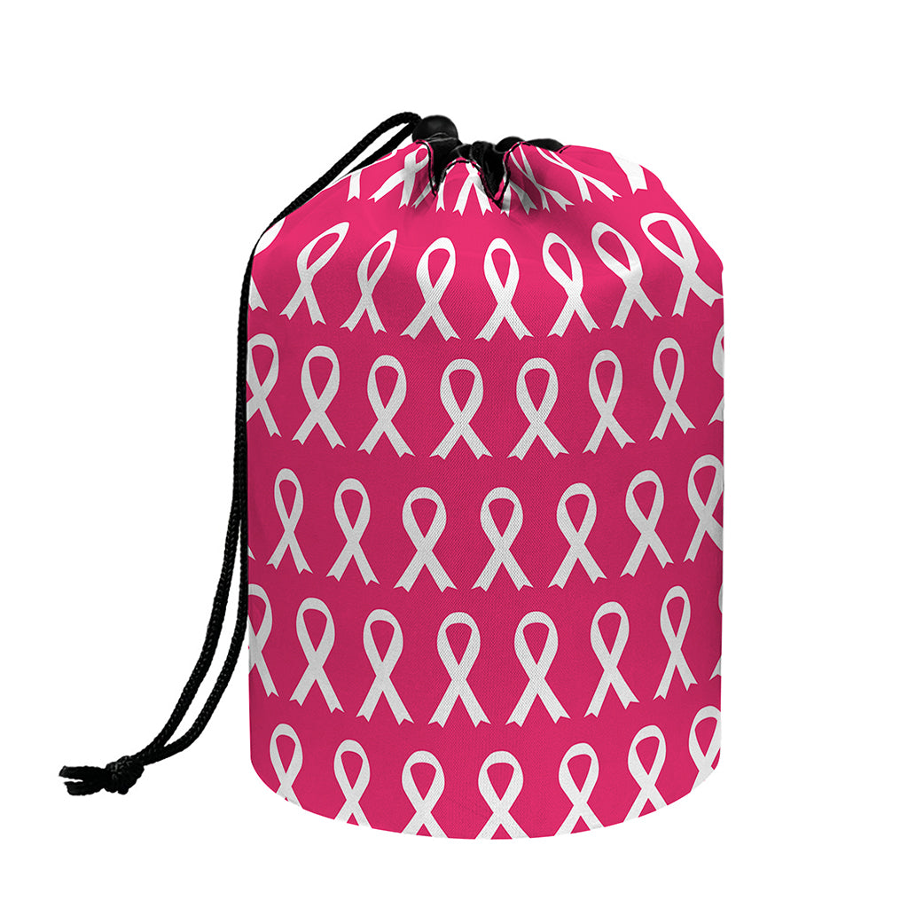 White And Pink Breast Cancer Print Drawstring Makeup Bag