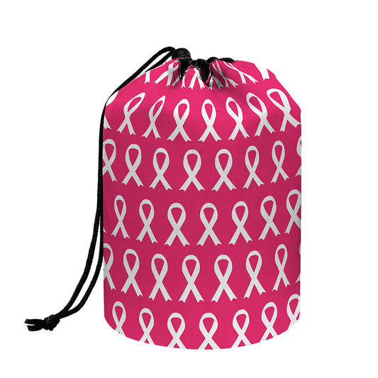 White And Pink Breast Cancer Print Drawstring Makeup Bag