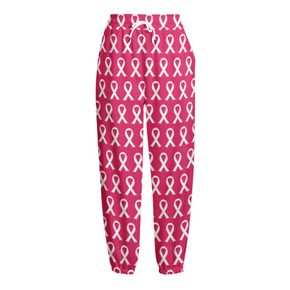 White And Pink Breast Cancer Print Fleece Lined Knit Pants