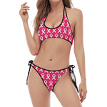 White And Pink Breast Cancer Print Halter Scoop Tie Side Bikini