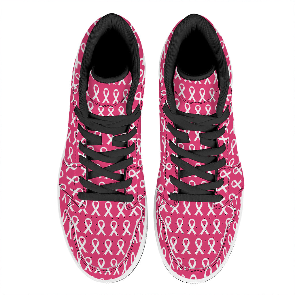 White And Pink Breast Cancer Print High Top Leather Sneakers