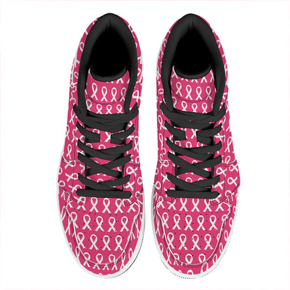White And Pink Breast Cancer Print High Top Leather Sneakers
