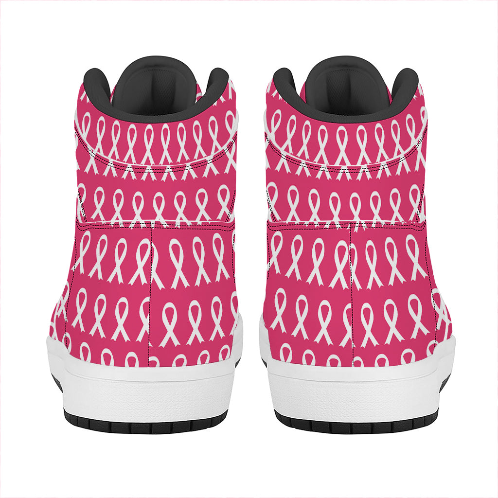 White And Pink Breast Cancer Print High Top Leather Sneakers