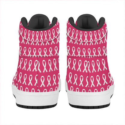 White And Pink Breast Cancer Print High Top Leather Sneakers