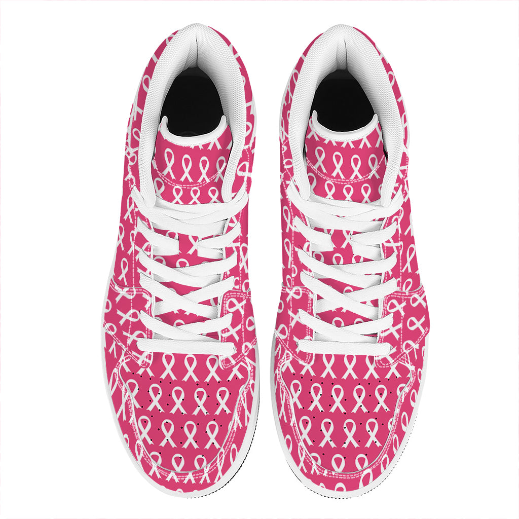 White And Pink Breast Cancer Print High Top Leather Sneakers