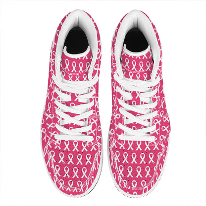 White And Pink Breast Cancer Print High Top Leather Sneakers