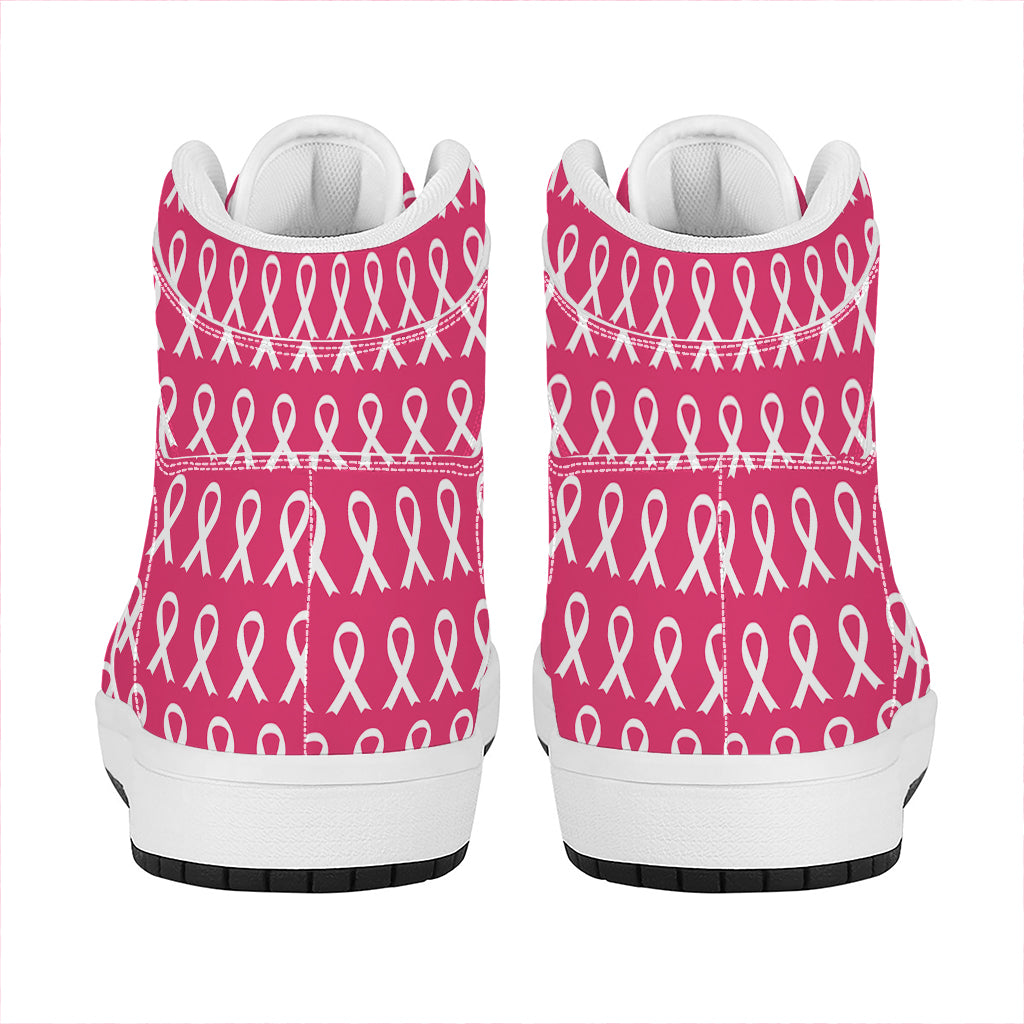 White And Pink Breast Cancer Print High Top Leather Sneakers