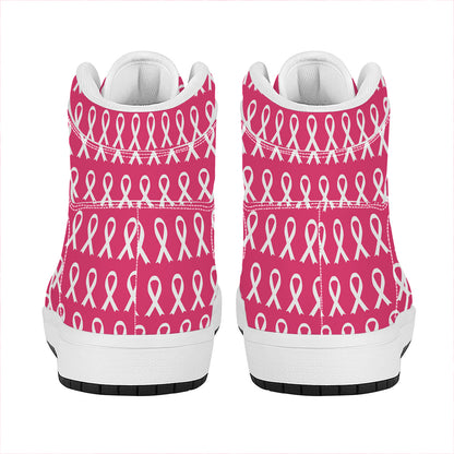 White And Pink Breast Cancer Print High Top Leather Sneakers