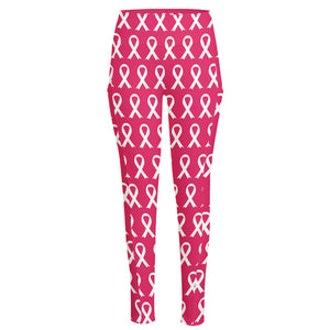 White And Pink Breast Cancer Print High-Waisted Pocket Leggings