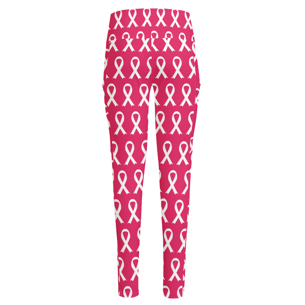 White And Pink Breast Cancer Print High-Waisted Pocket Leggings