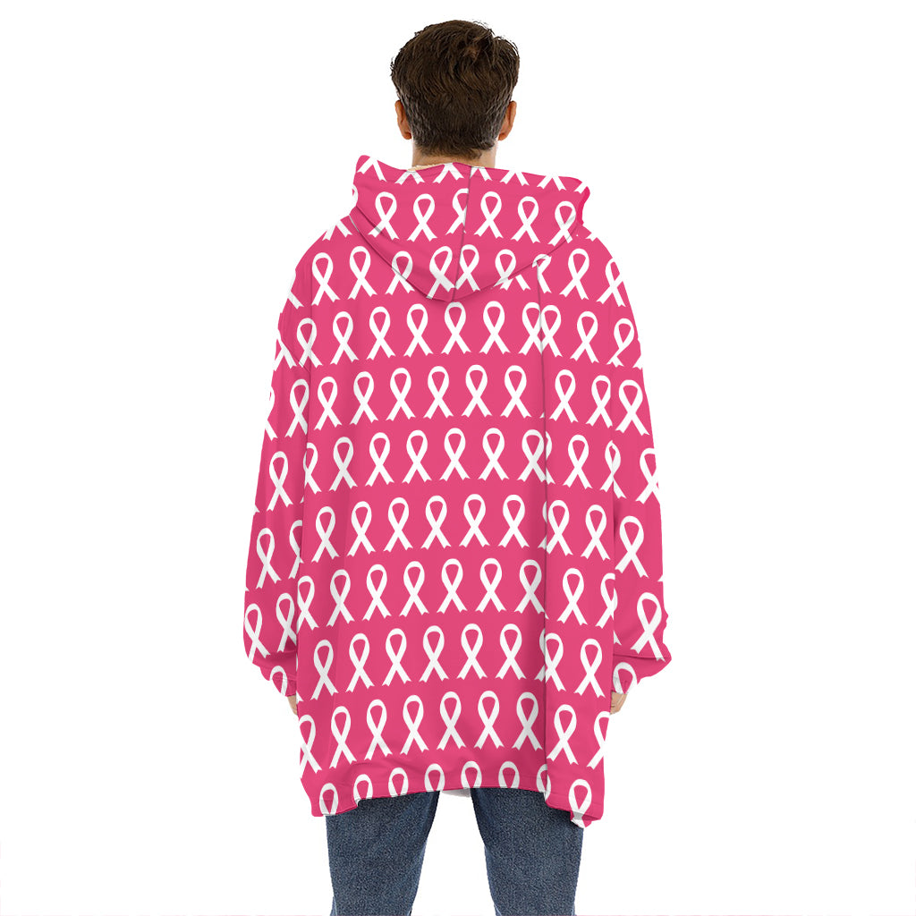 White And Pink Breast Cancer Print Hoodie Blanket