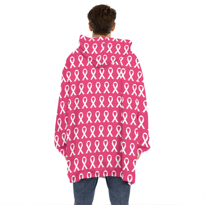 White And Pink Breast Cancer Print Hoodie Blanket