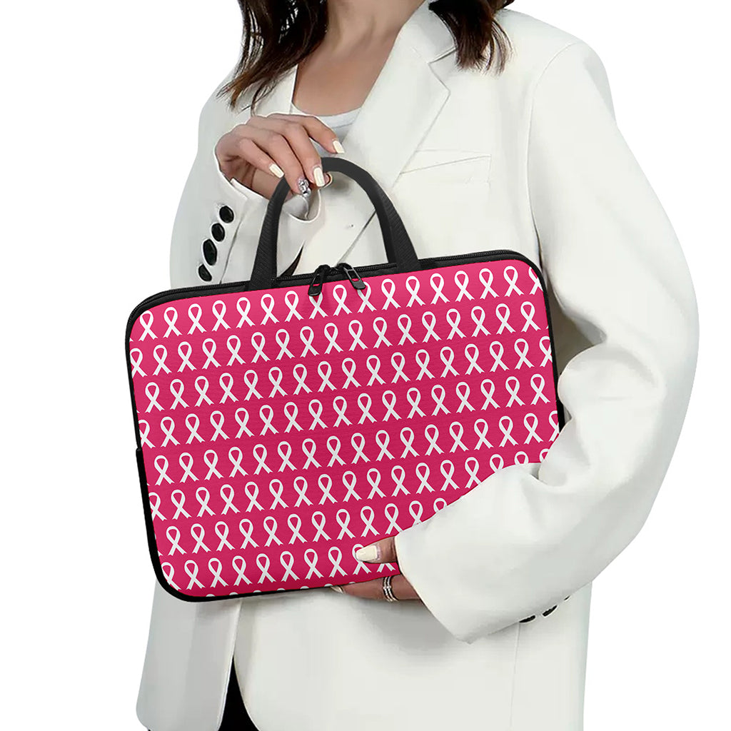 White And Pink Breast Cancer Print Laptop Sleeve With Handle