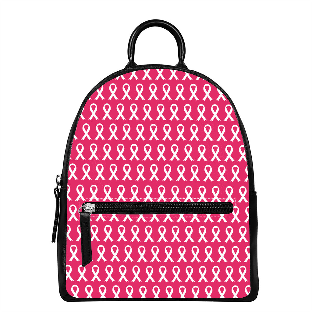 White And Pink Breast Cancer Print Leather Backpack