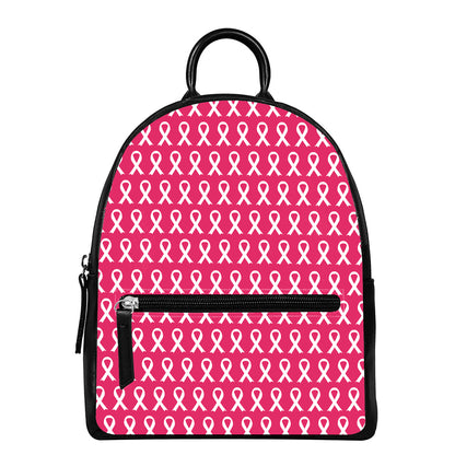 White And Pink Breast Cancer Print Leather Backpack