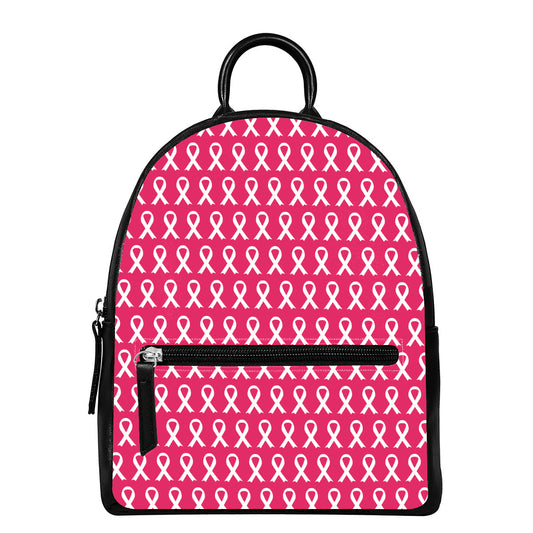 White And Pink Breast Cancer Print Leather Backpack
