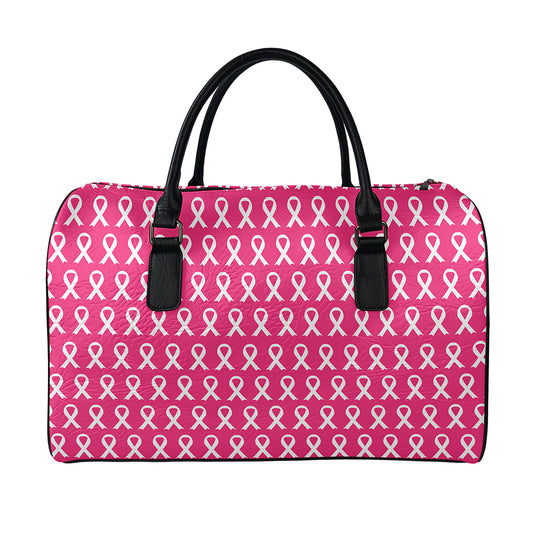 White And Pink Breast Cancer Print Leather Duffle Bag