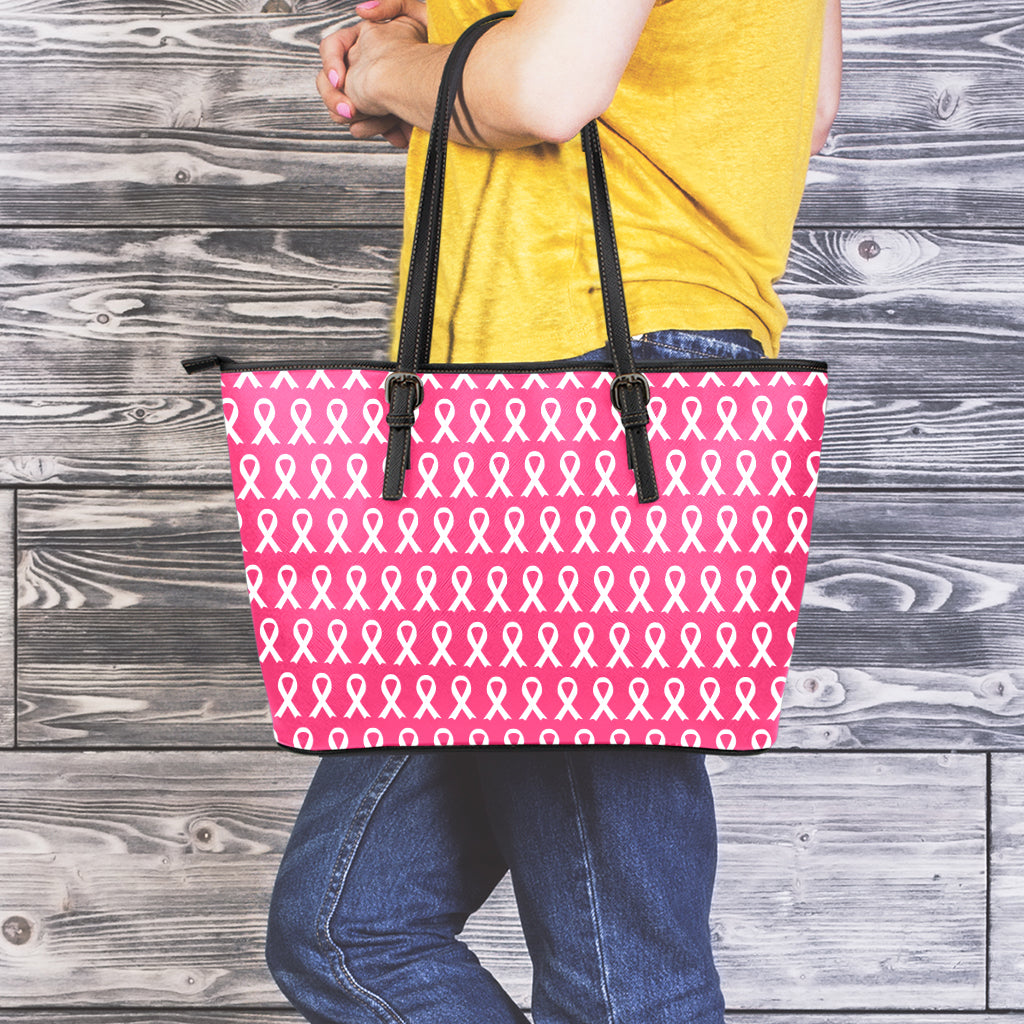White And Pink Breast Cancer Print Leather Tote Bag