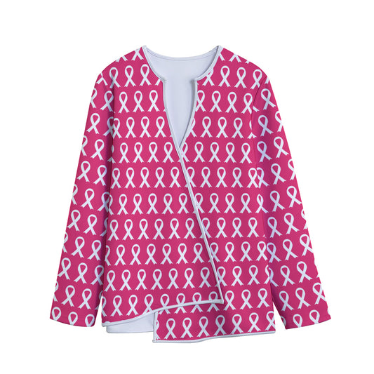 White And Pink Breast Cancer Print Long Sleeve Short Coat