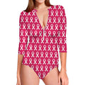 White And Pink Breast Cancer Print Long Sleeve Swimsuit