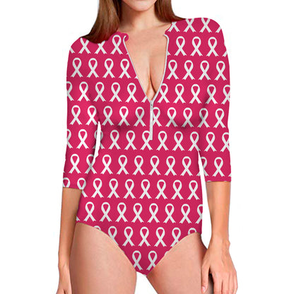 White And Pink Breast Cancer Print Long Sleeve Swimsuit