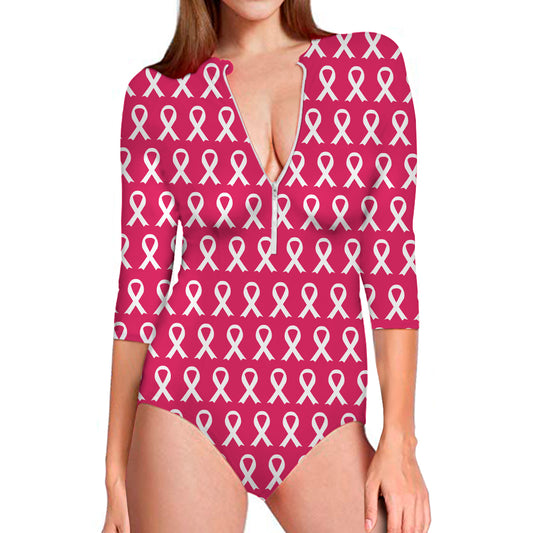 White And Pink Breast Cancer Print Long Sleeve Swimsuit