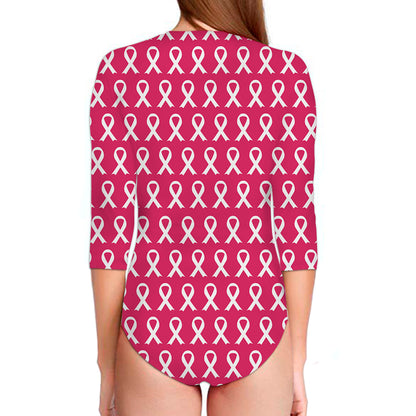 White And Pink Breast Cancer Print Long Sleeve Swimsuit