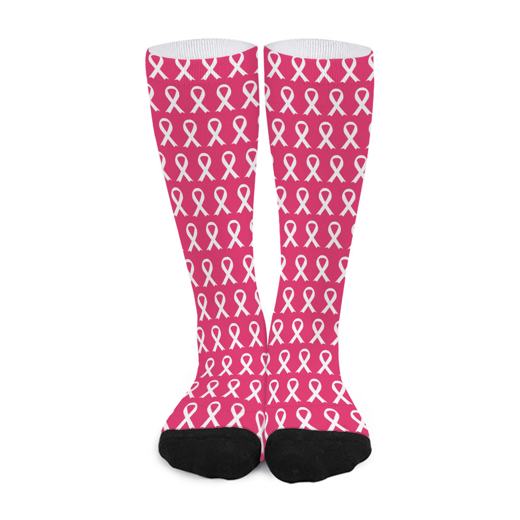 White And Pink Breast Cancer Print Long Socks