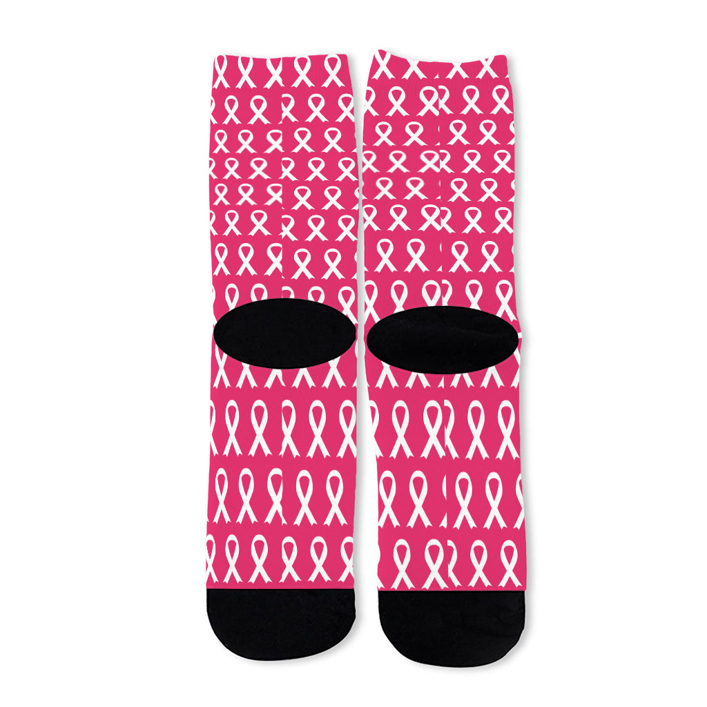 White And Pink Breast Cancer Print Long Socks