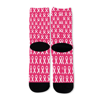 White And Pink Breast Cancer Print Long Socks