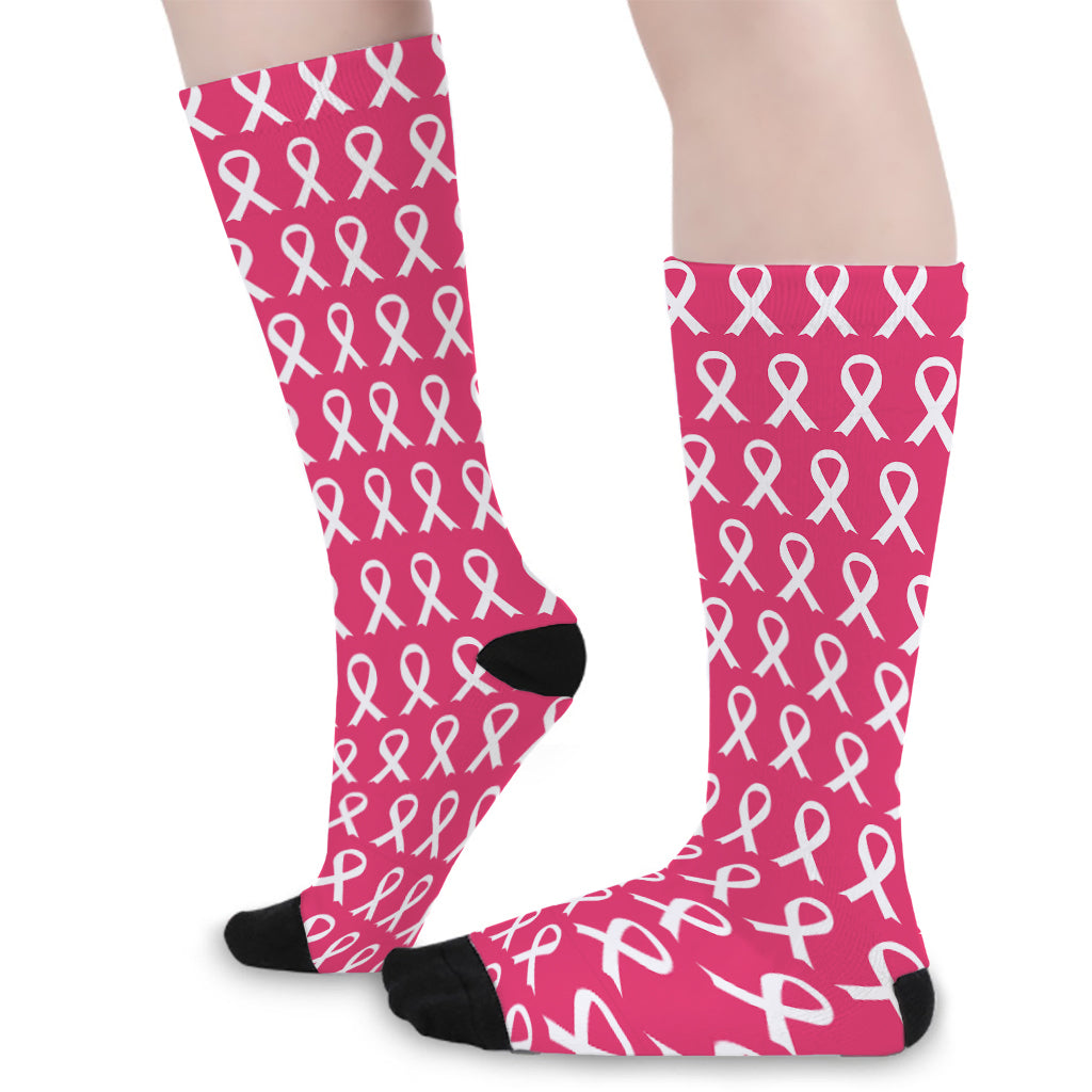 White And Pink Breast Cancer Print Long Socks