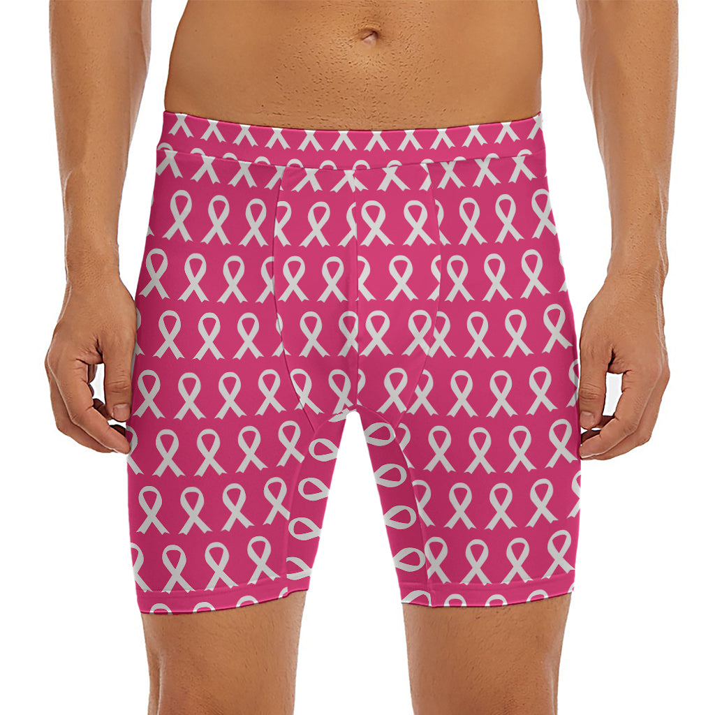 White And Pink Breast Cancer Print Men's Long Boxer Briefs